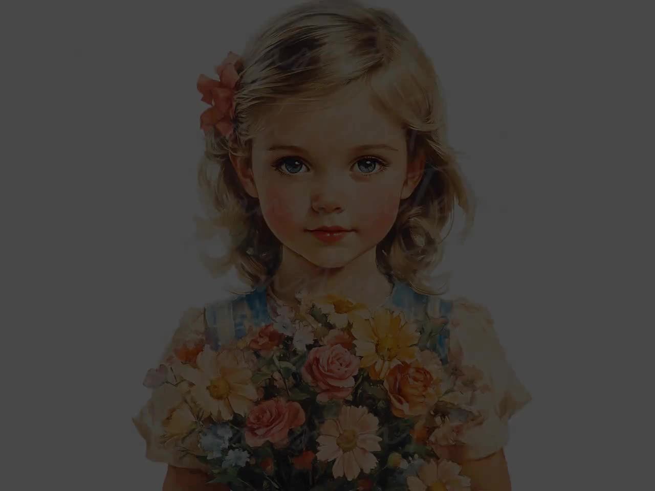 ヴィンテージな小さな女の子の花柄水彩画PNGセット - Etsy 日本